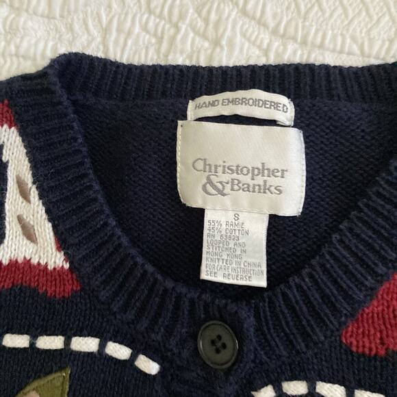 Vintage Christopher & Banks Hand Embroidered Apple Teacher Cardigan Navy Small - Picture 5 of 11